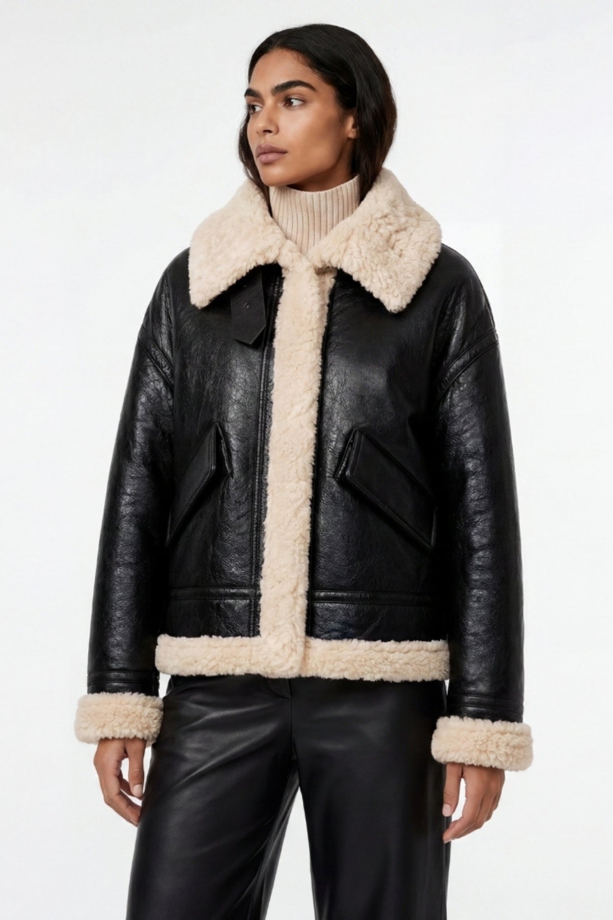 Elle Jocelyn Faux-Shearling Aviator Jacket Black RRP £269