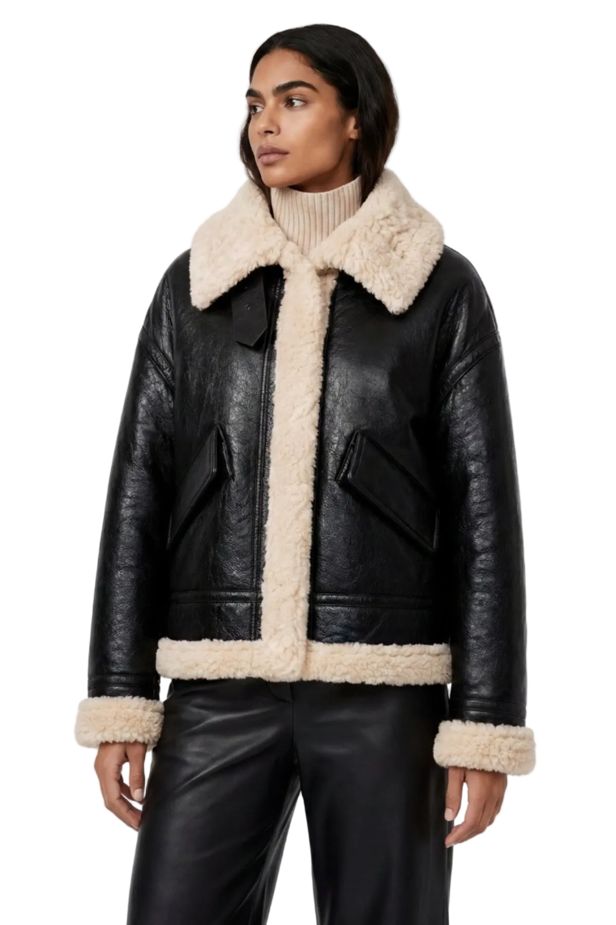 Elle Jocelyn Faux-Shearling Aviator Jacket Black RRP £269