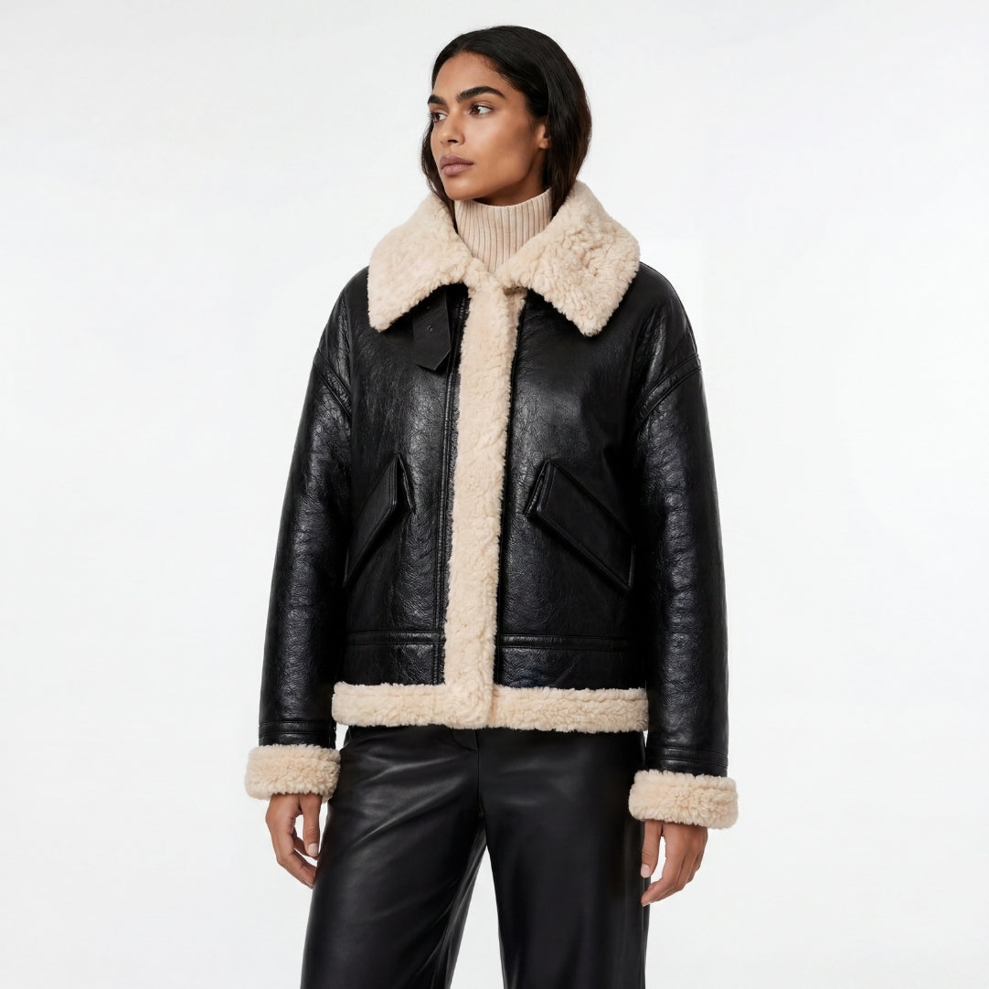 Elle Jocelyn Faux-Shearling Aviator Jacket Black RRP £269