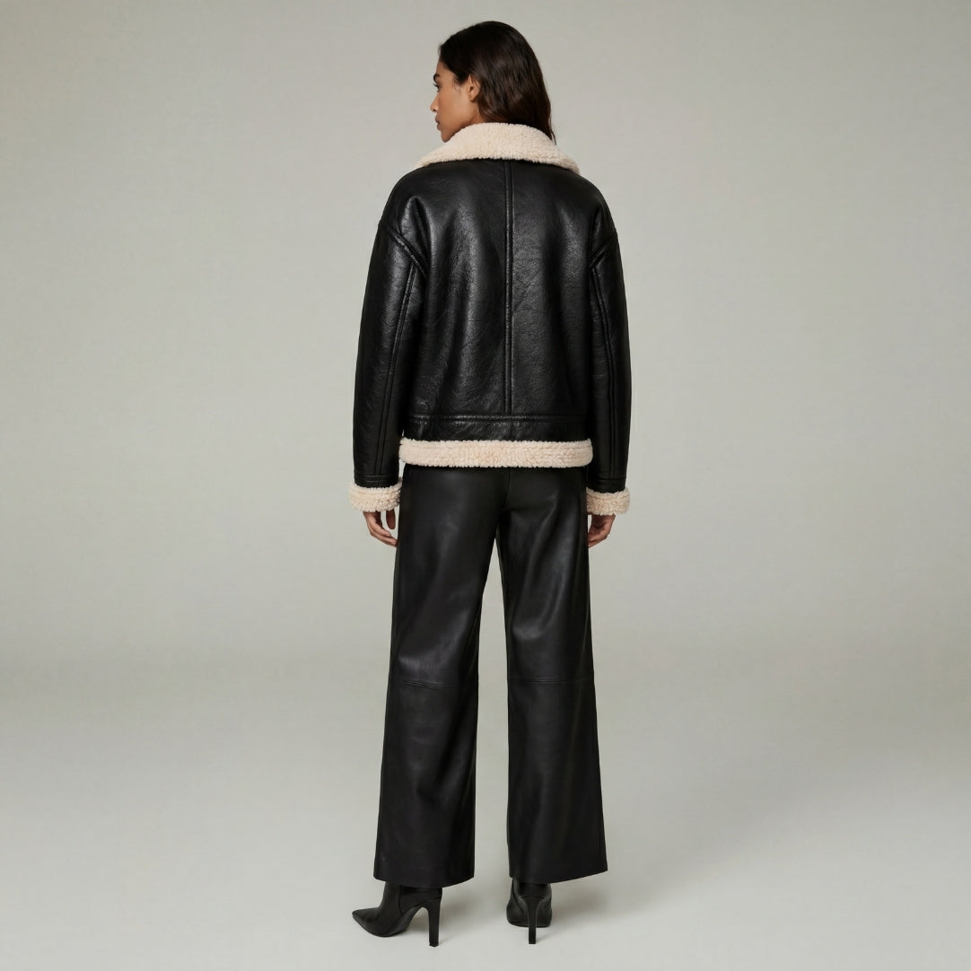 Elle Jocelyn Faux-Shearling Aviator Jacket Black RRP £269