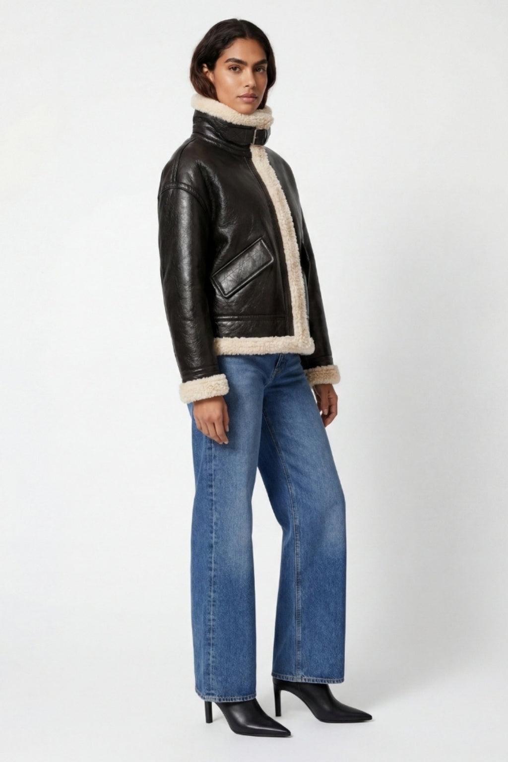 Elle Jocelyn Faux-Shearling Aviator Jacket Brown RRP £269