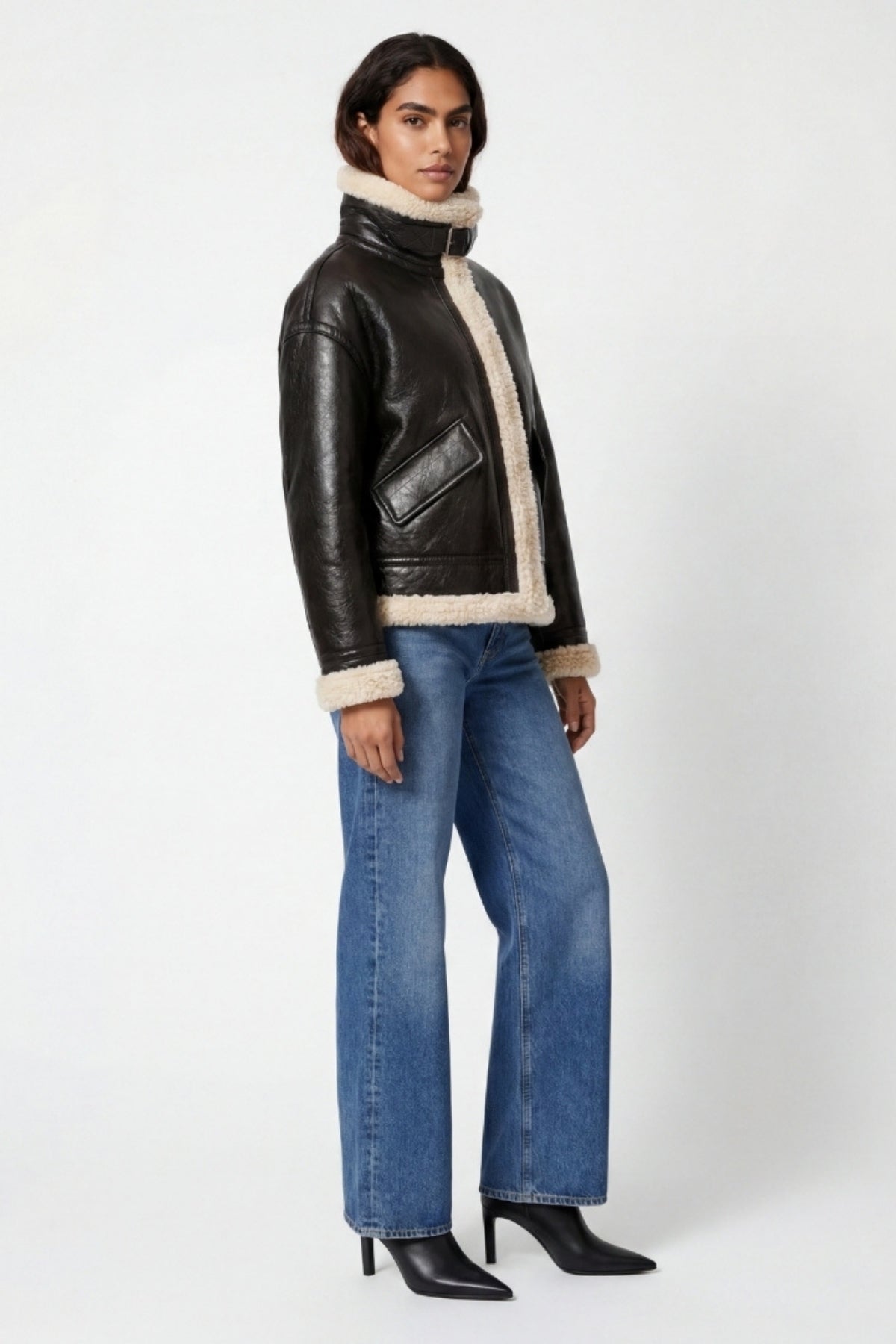 Elle Jocelyn Faux-Shearling Aviator Jacket Brown RRP £269