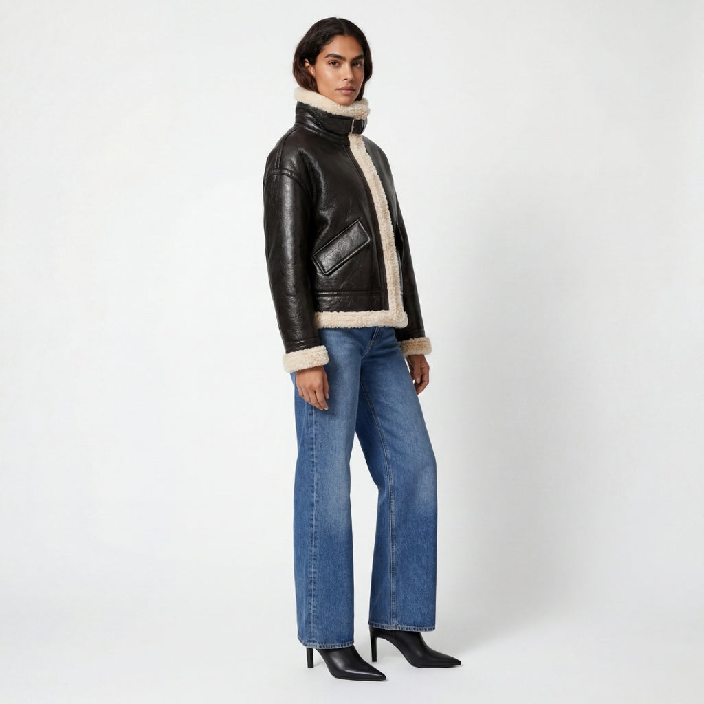 Elle Jocelyn Faux-Shearling Aviator Jacket Brown RRP £269