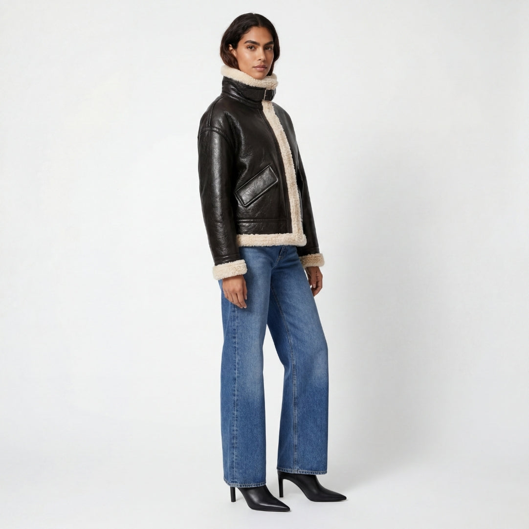 Elle Jocelyn Faux-Shearling Aviator Jacket Brown RRP £269
