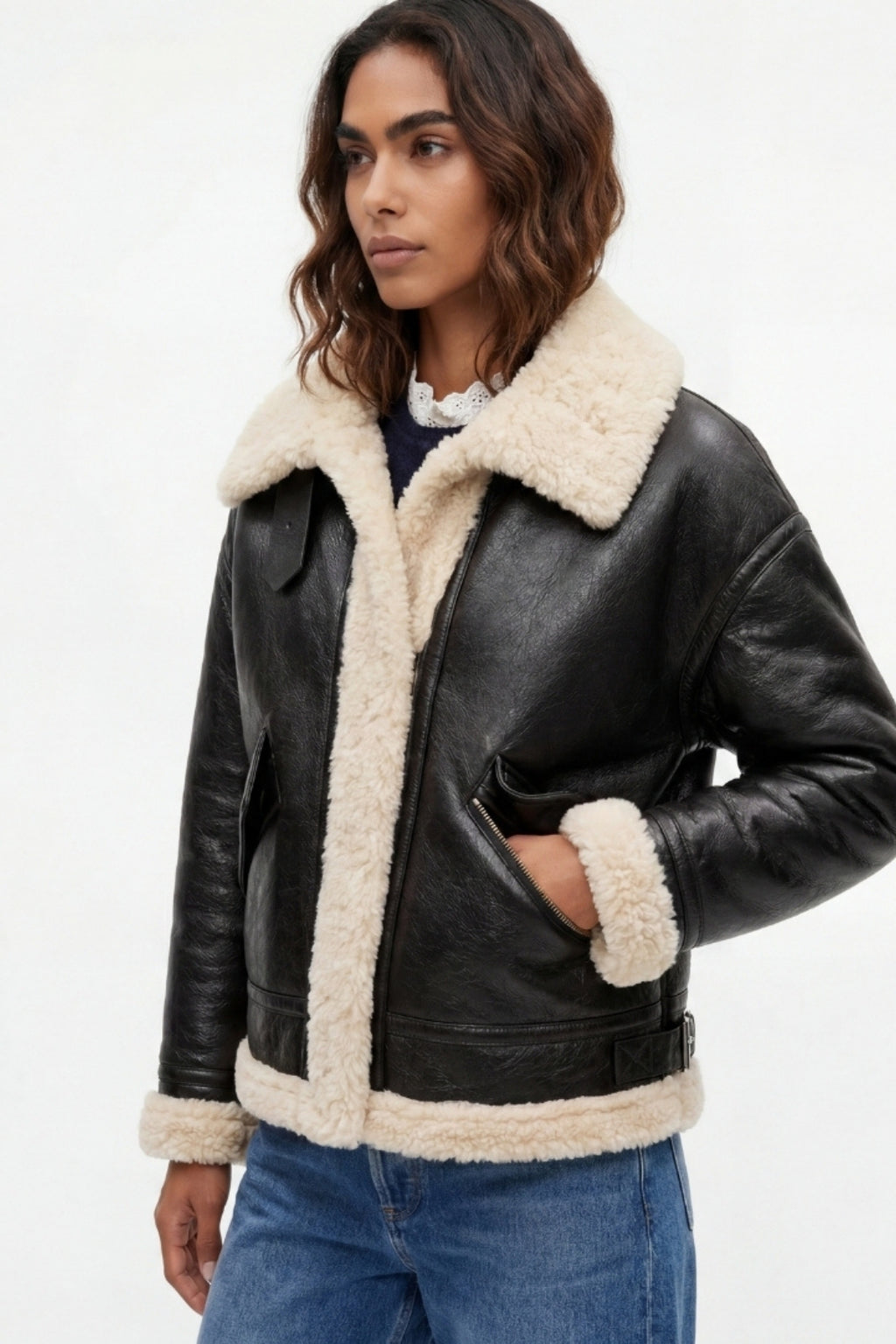Elle Jocelyn Faux-Shearling Aviator Jacket Brown RRP £269