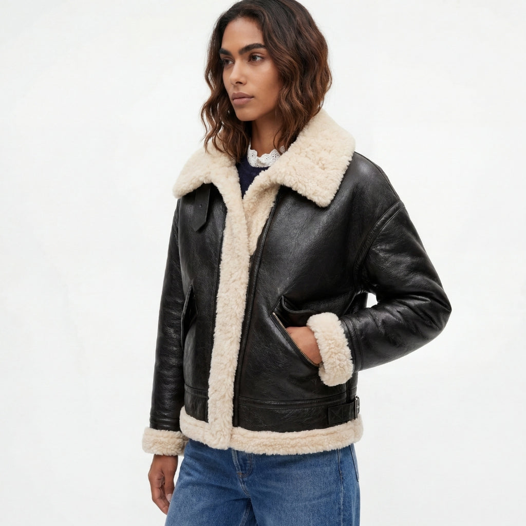 Elle Jocelyn Faux-Shearling Aviator Jacket Brown RRP £269