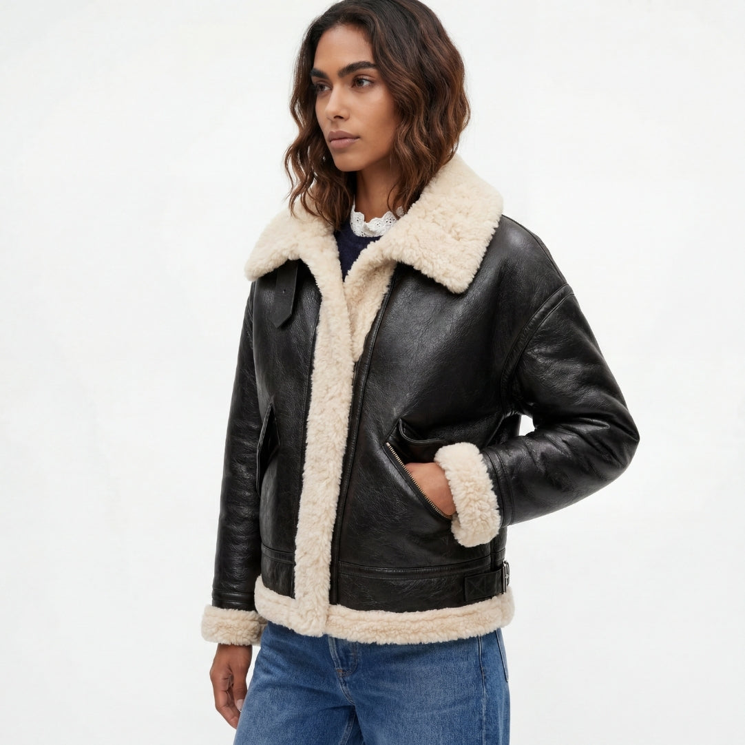 Elle Jocelyn Faux-Shearling Aviator Jacket Brown RRP £269