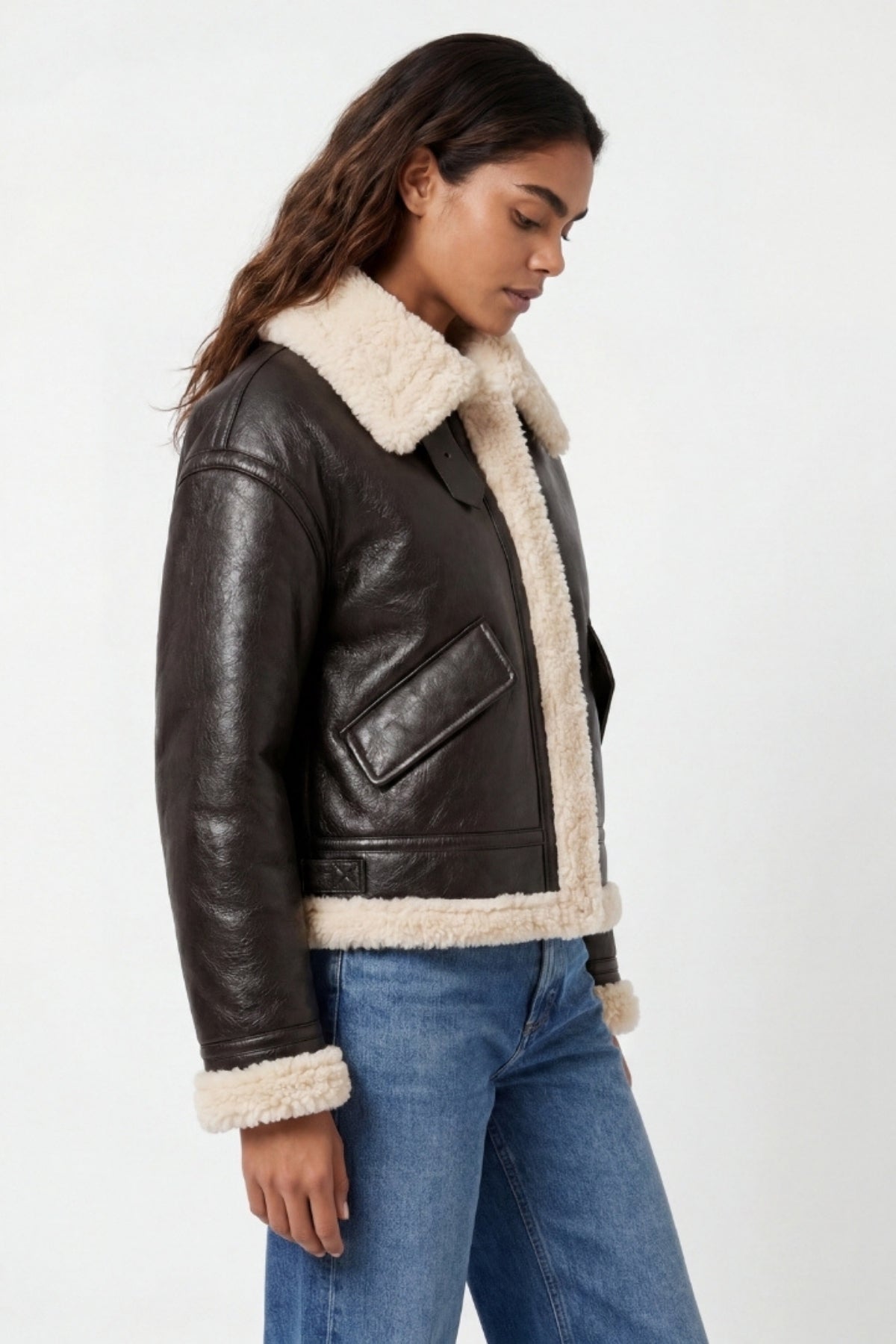 Elle Jocelyn Faux-Shearling Aviator Jacket Brown RRP £269
