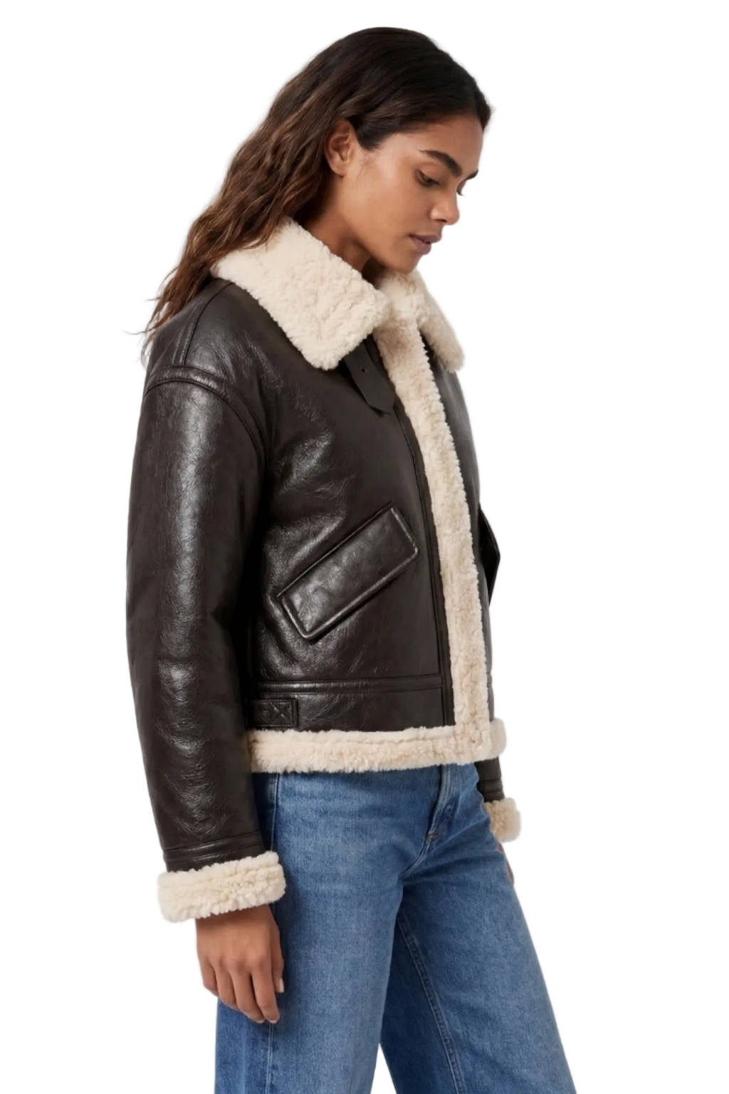 Elle Jocelyn Faux-Shearling Aviator Jacket Brown RRP £269
