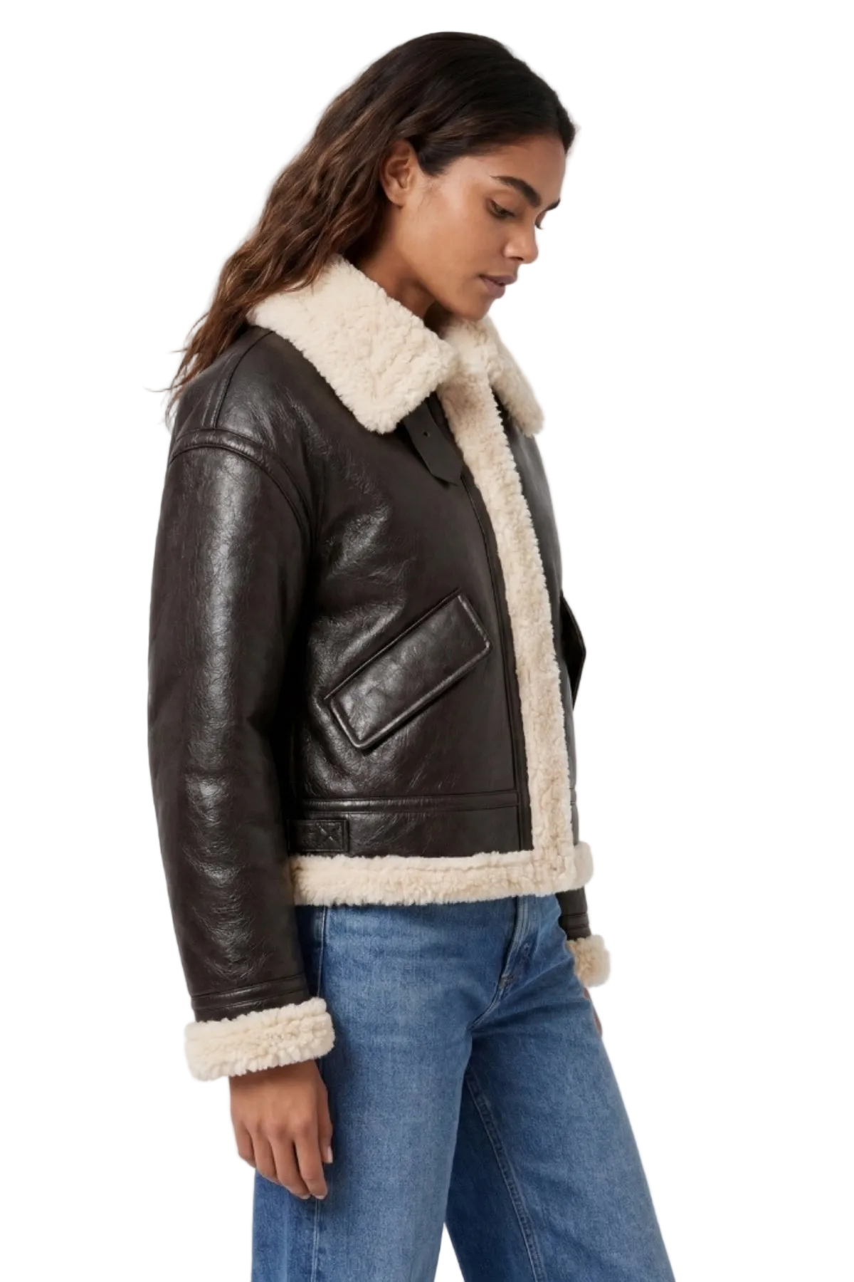 Elle Jocelyn Faux-Shearling Aviator Jacket Brown RRP £269