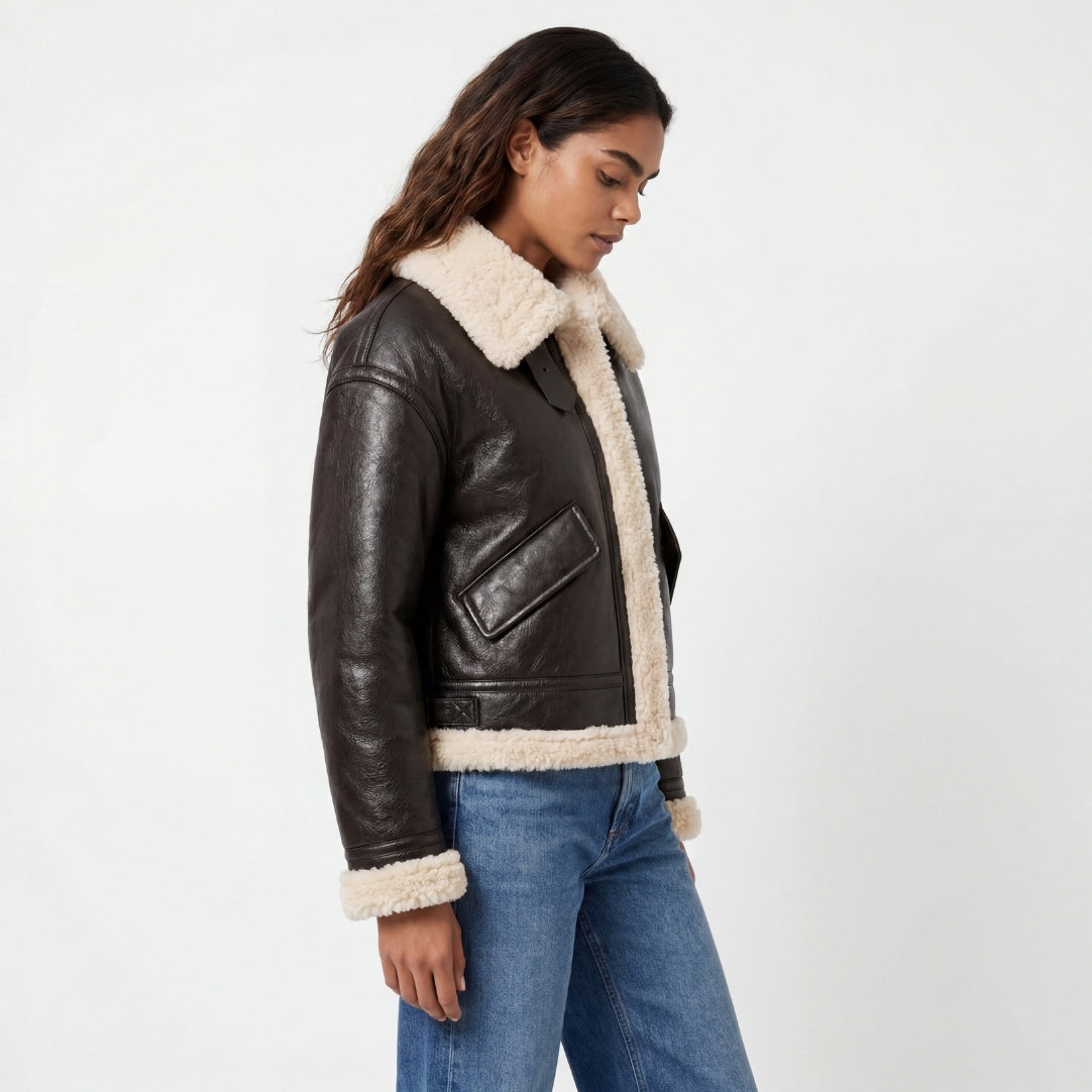 Elle Jocelyn Faux-Shearling Aviator Jacket Brown RRP £269