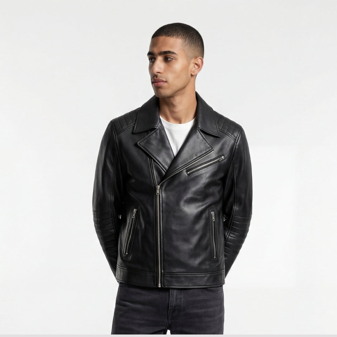 Leather Biker Jacket in Black RRP £269