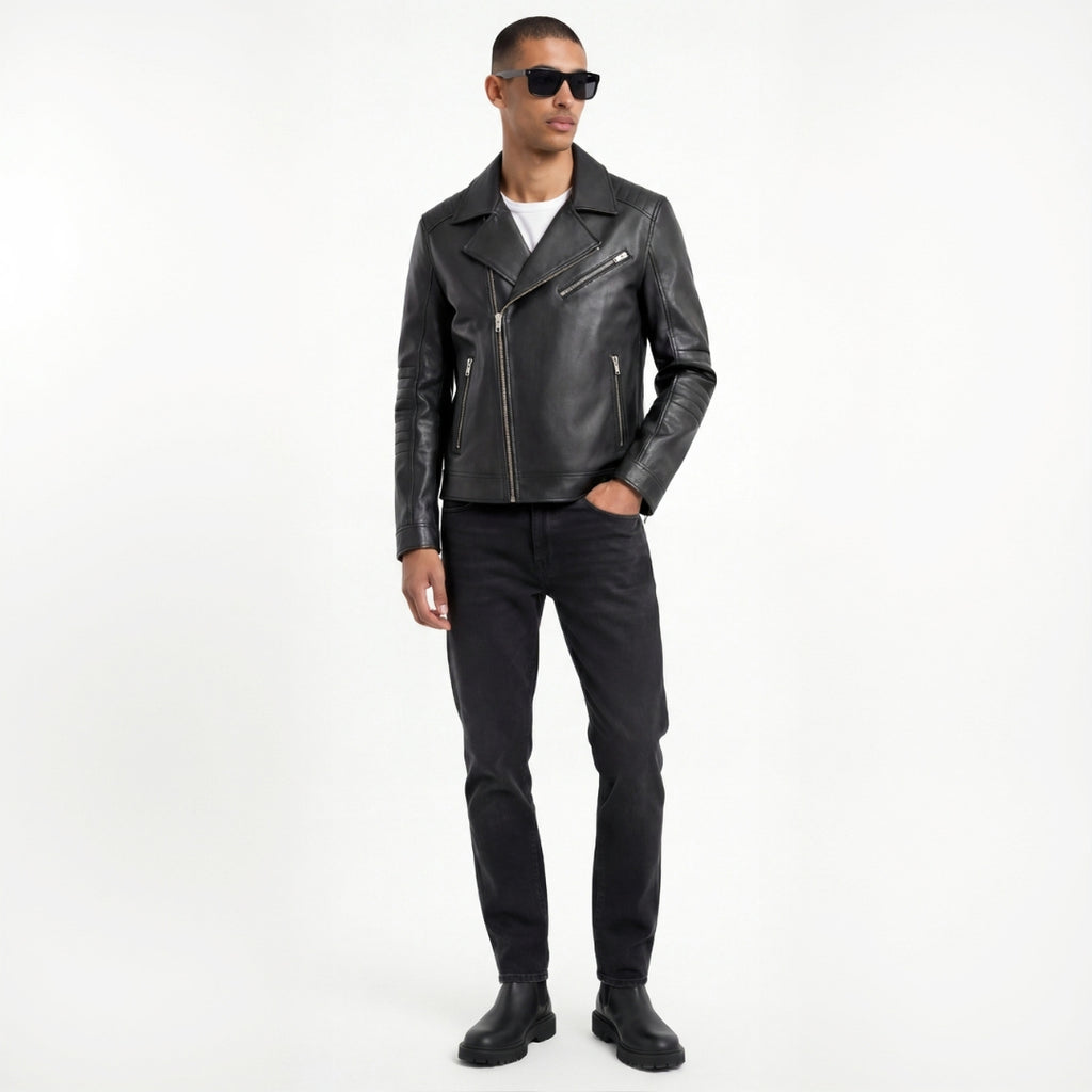 Leather Biker Jacket in Black RRP £269
