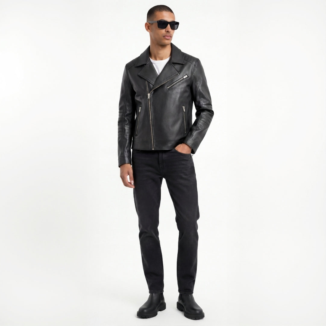 Leather Biker Jacket in Black RRP £269