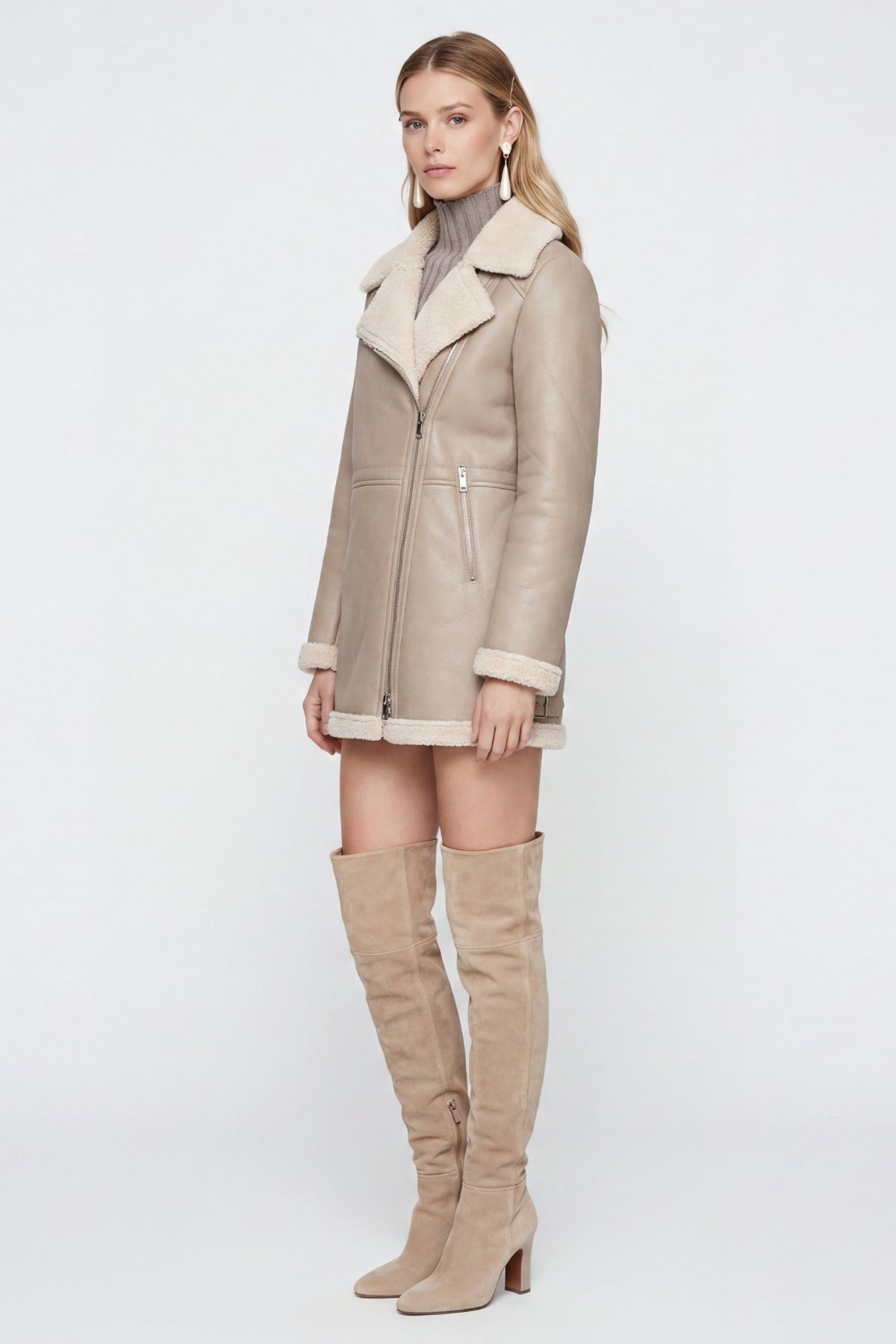 Elle Keira Longline Faux-Shearling Biker Coat Beige RRP £319
