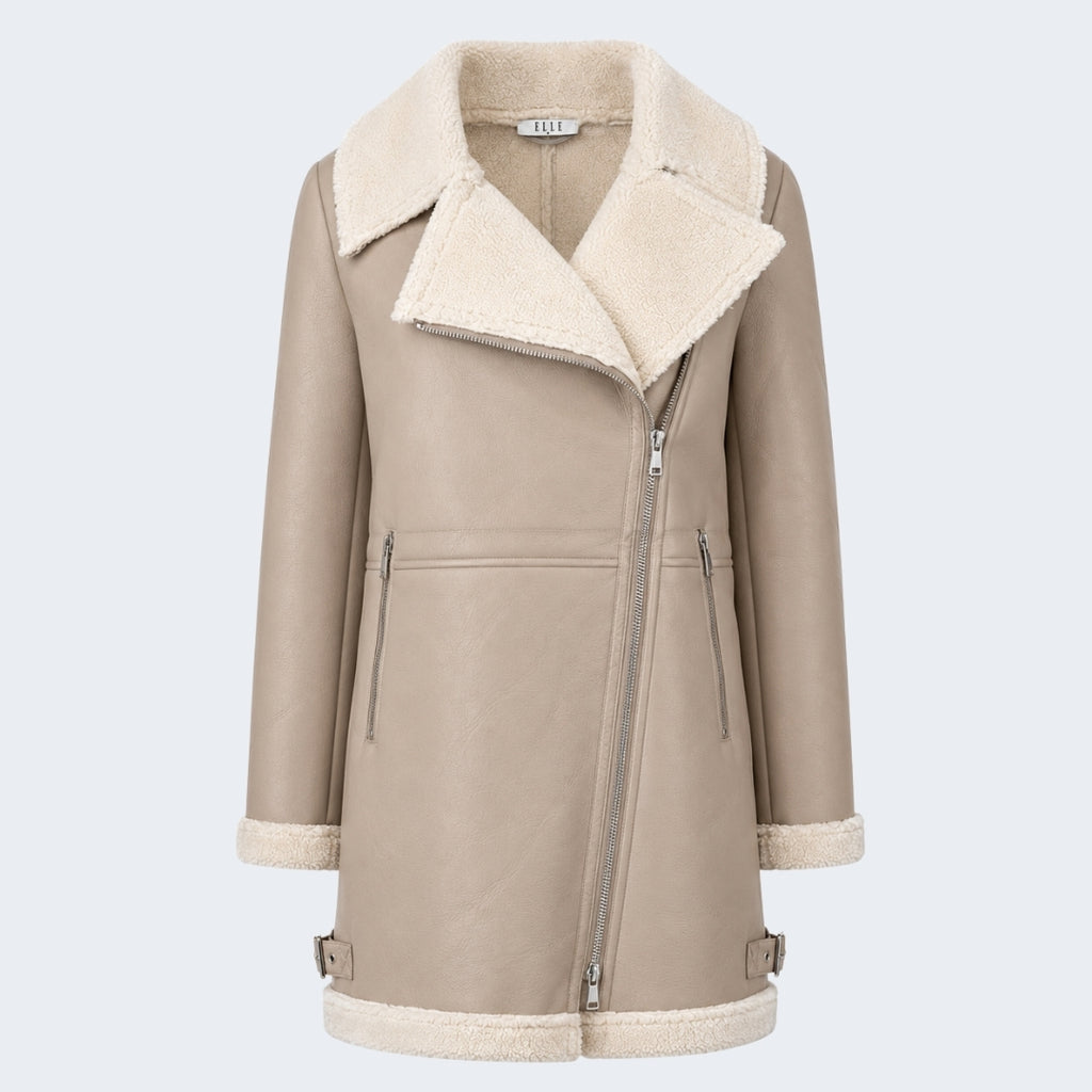 Elle Keira Longline Faux-Shearling Biker Coat Beige RRP £319