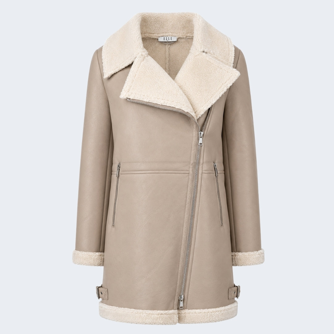 Elle Keira Longline Faux-Shearling Biker Coat Beige RRP £319