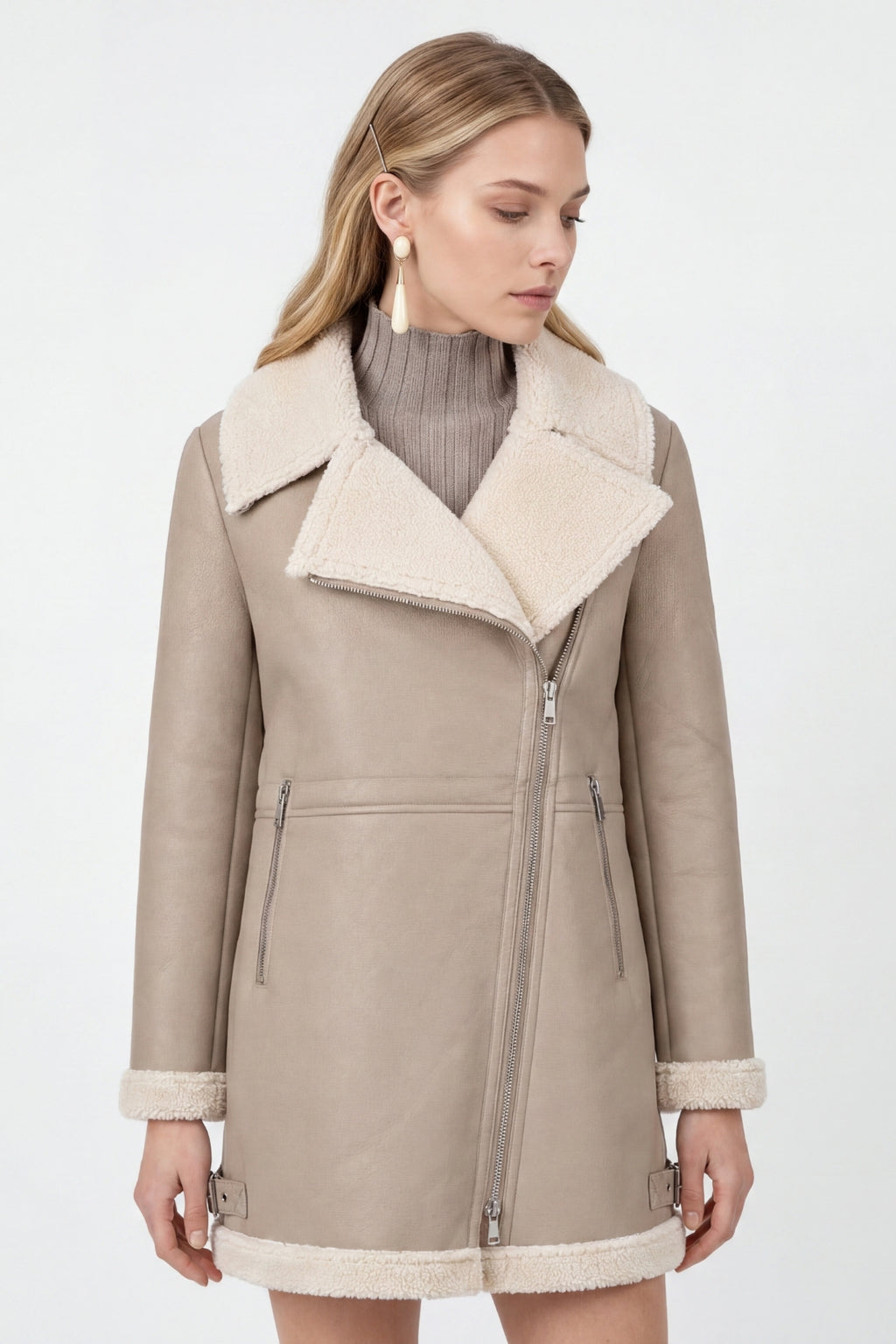Elle Keira Longline Faux-Shearling Biker Coat Beige RRP £319