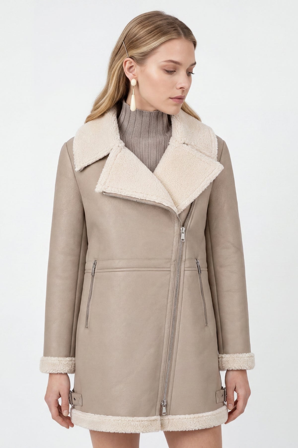 Elle Keira Longline Faux-Shearling Biker Coat Beige RRP £319