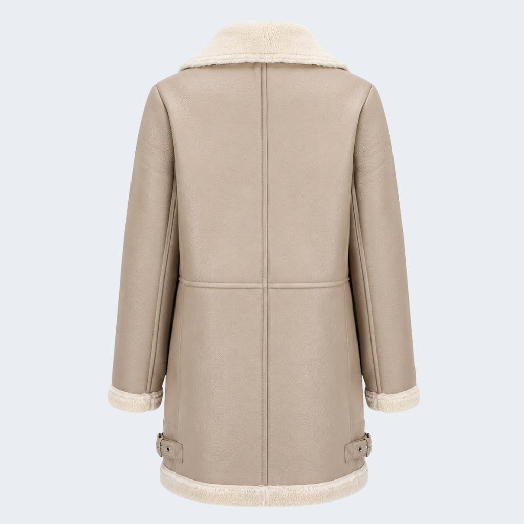 Elle Keira Longline Faux-Shearling Biker Coat Beige RRP £319
