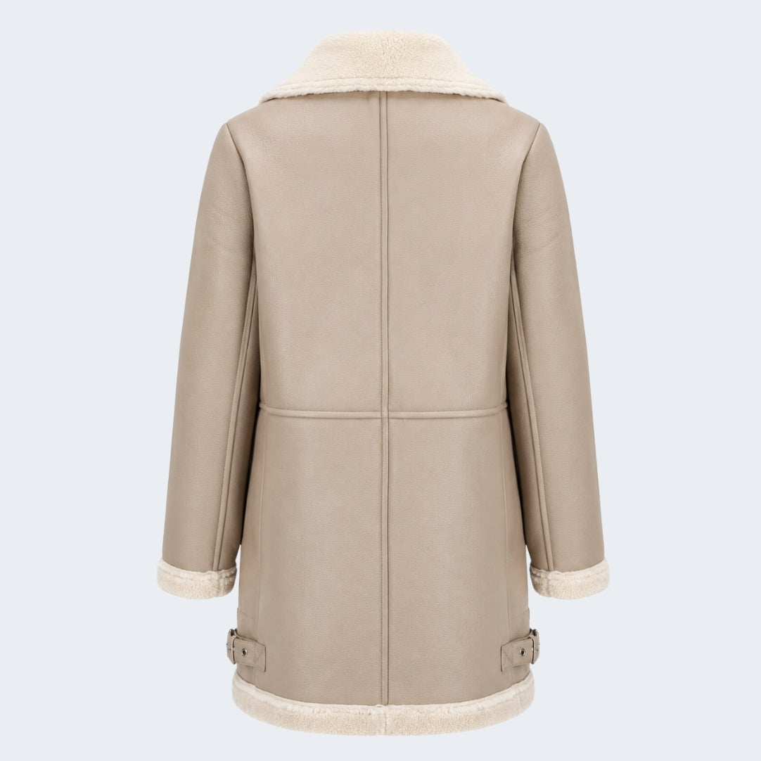 Elle Keira Longline Faux-Shearling Biker Coat Beige RRP £319