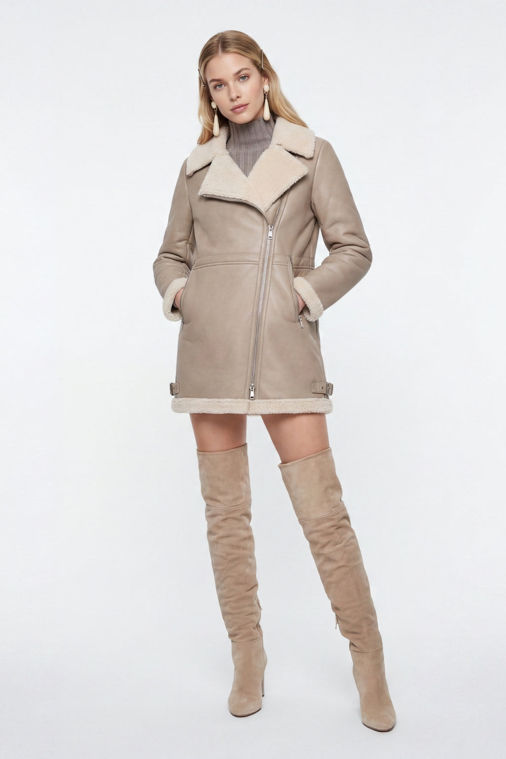Elle Keira Longline Faux-Shearling Biker Coat Beige RRP £319