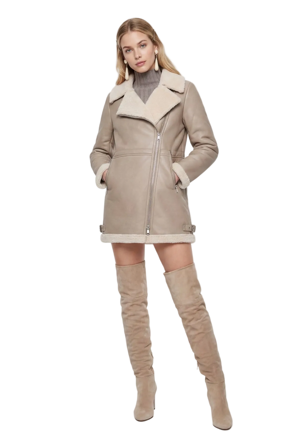 Elle Keira Longline Faux-Shearling Biker Coat Beige RRP £319