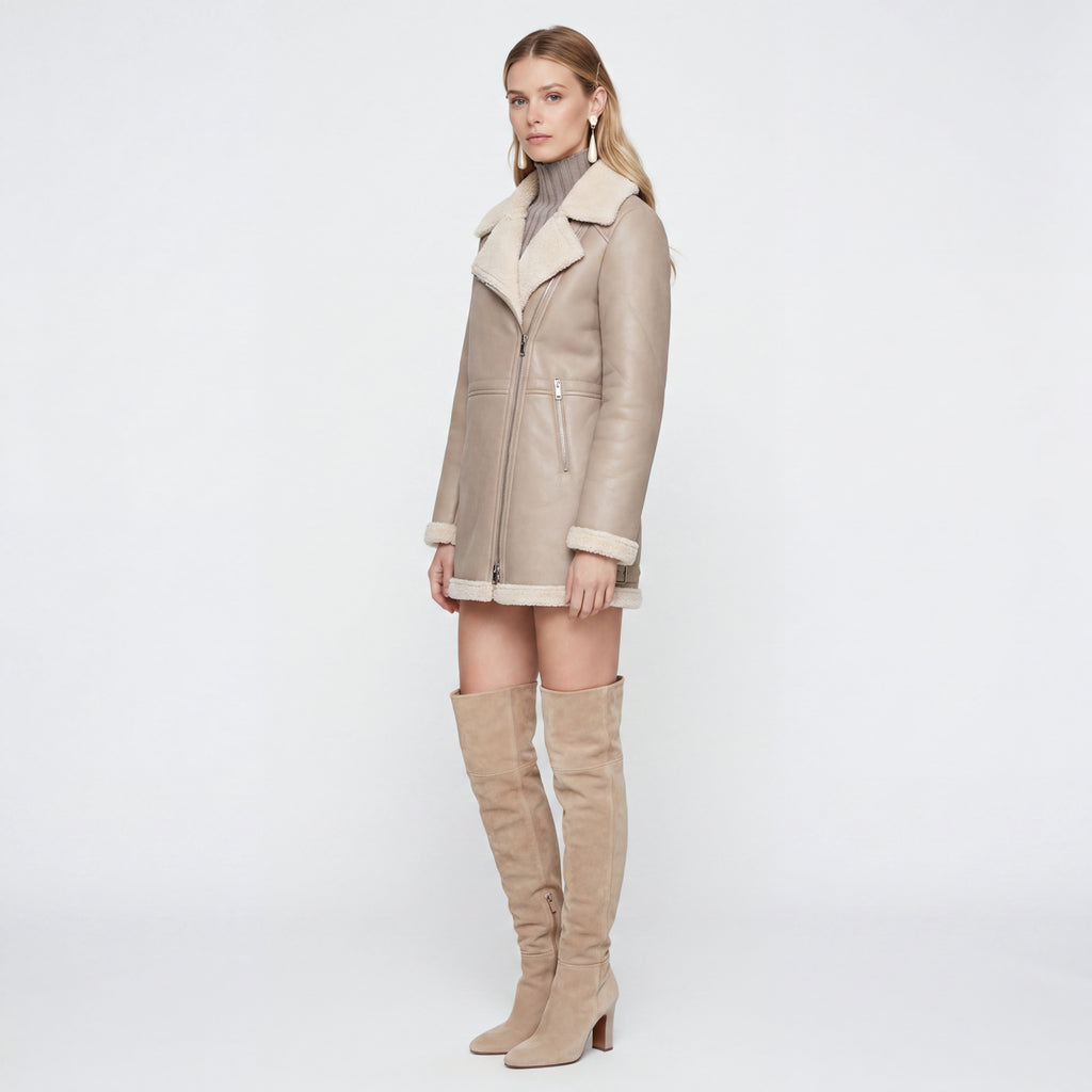 Elle Keira Longline Faux-Shearling Biker Coat Beige RRP £319