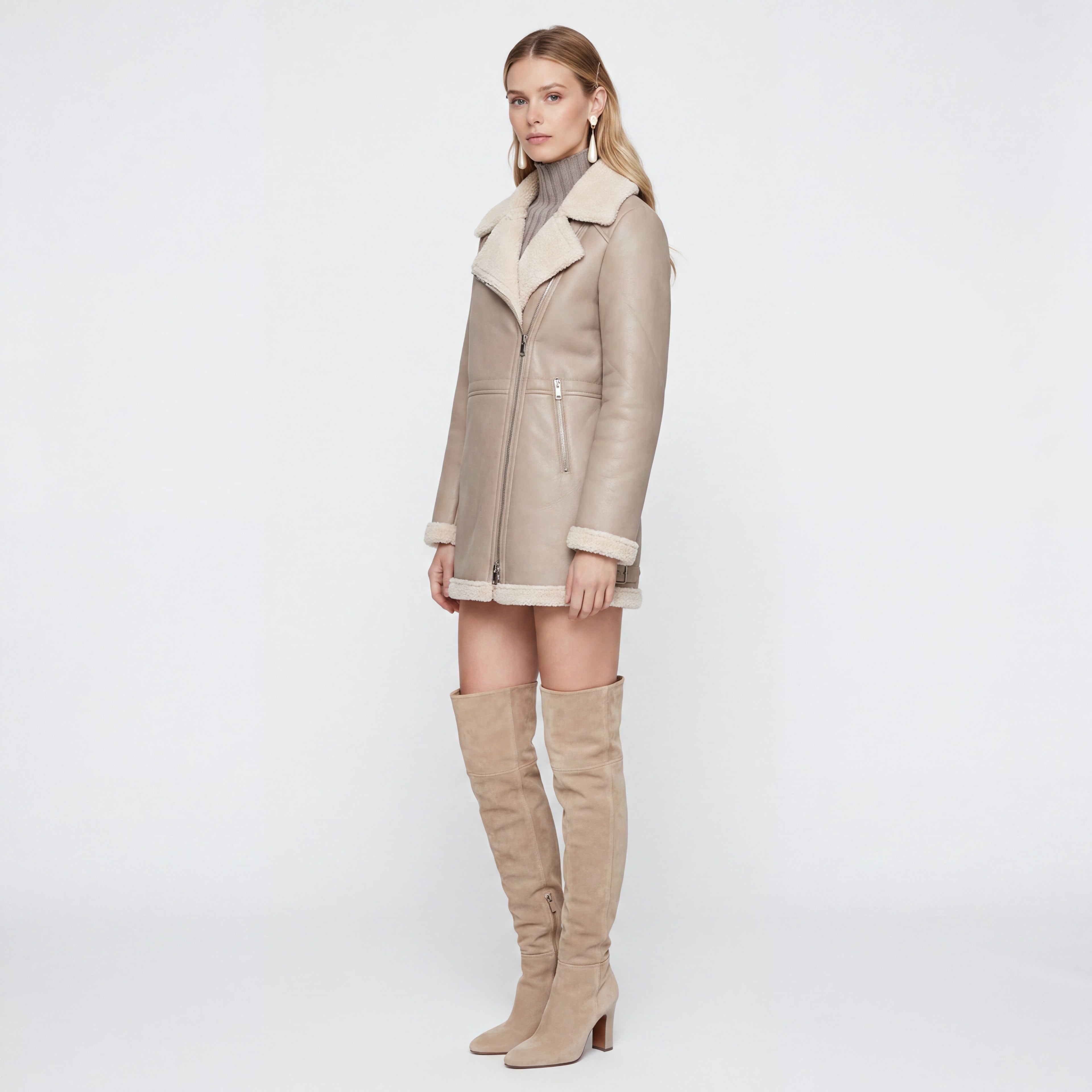 Elle Keira Longline Faux-Shearling Biker Coat Beige RRP £319