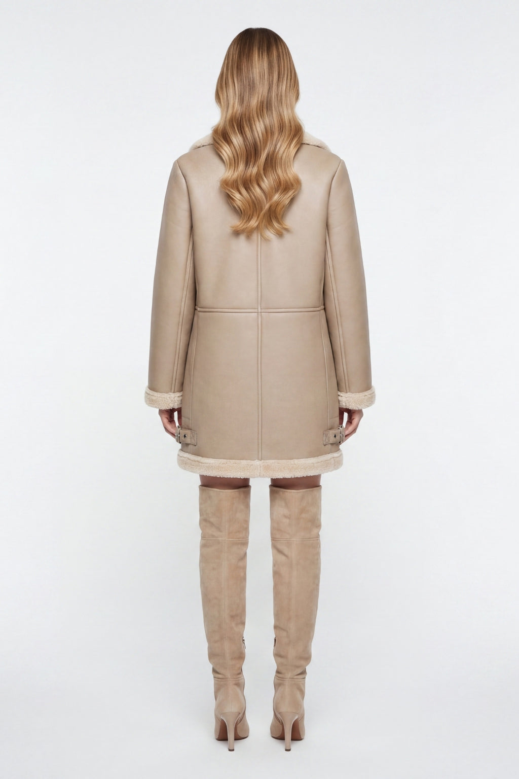 Elle Keira Longline Faux-Shearling Biker Coat Beige RRP £319