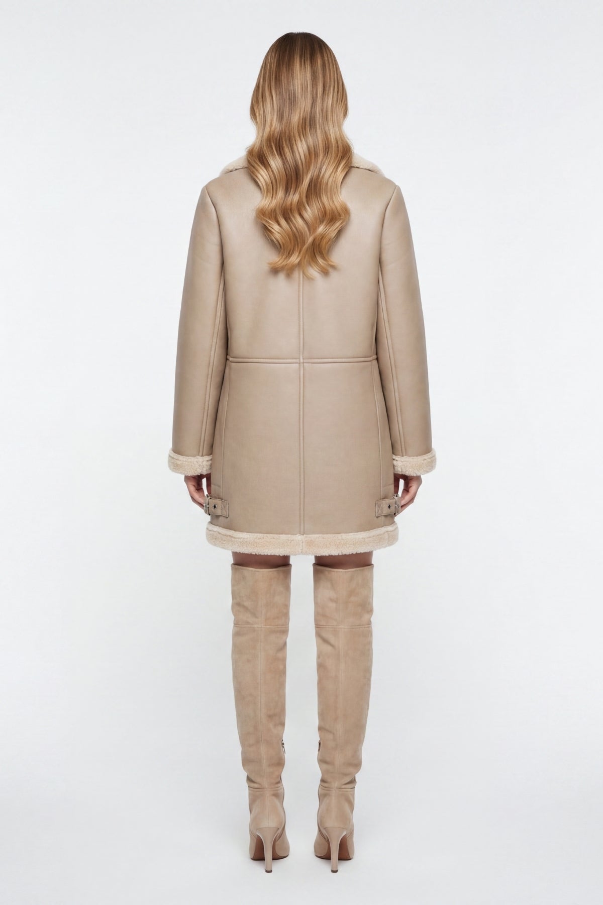 Elle Keira Longline Faux-Shearling Biker Coat Beige RRP £319