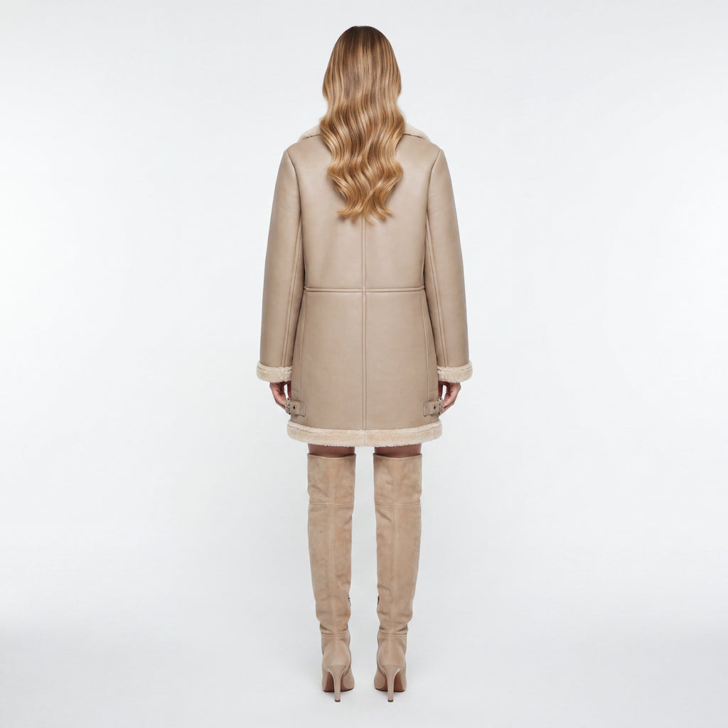 Elle Keira Longline Faux-Shearling Biker Coat Beige RRP £319