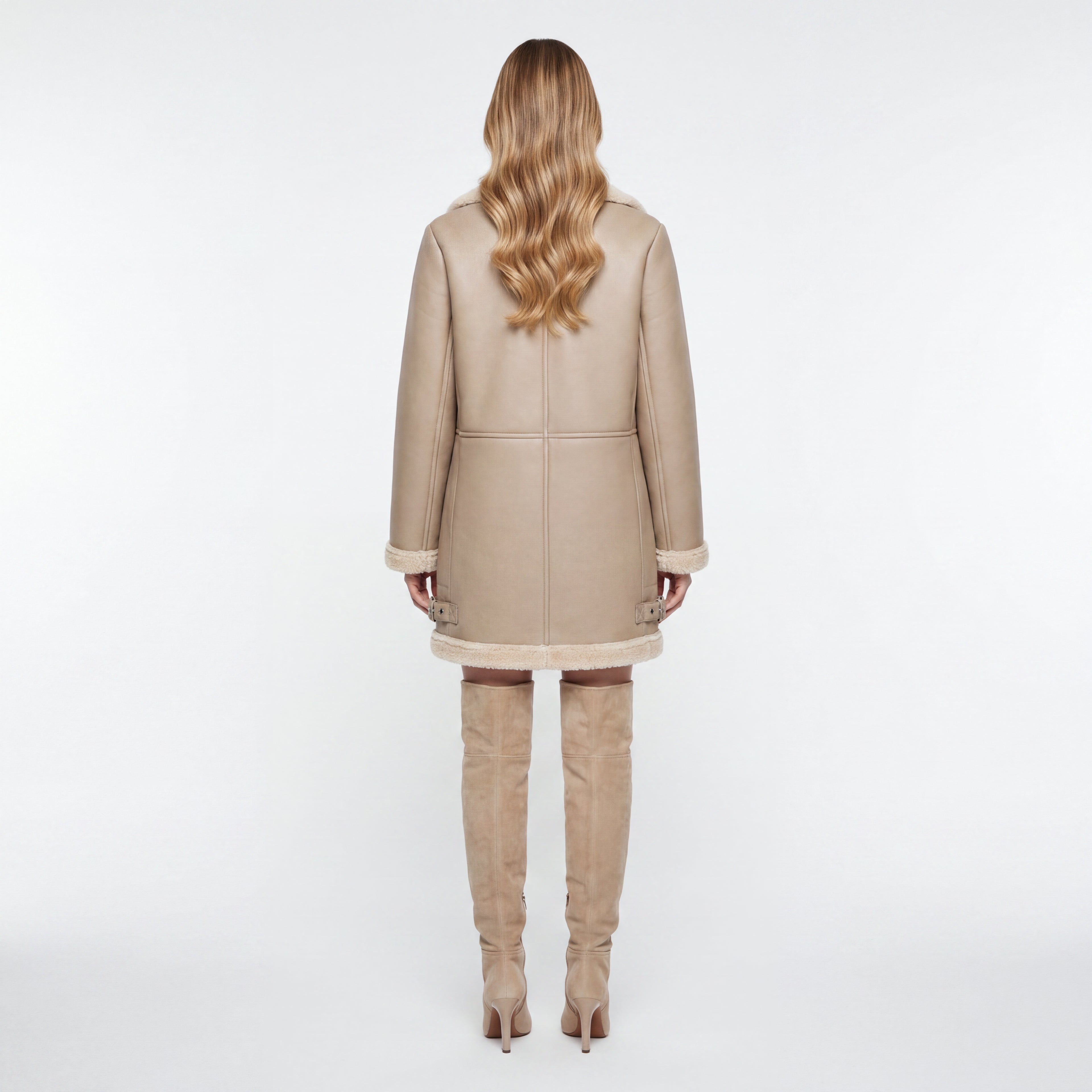 Elle Keira Longline Faux-Shearling Biker Coat Beige RRP £319