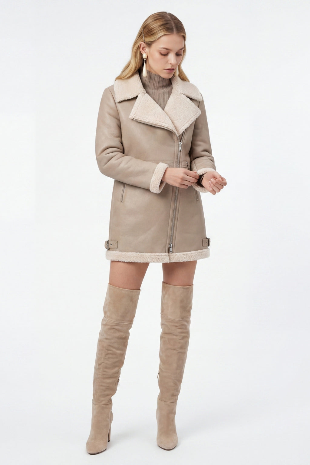 Elle Keira Longline Faux-Shearling Biker Coat Beige RRP £319