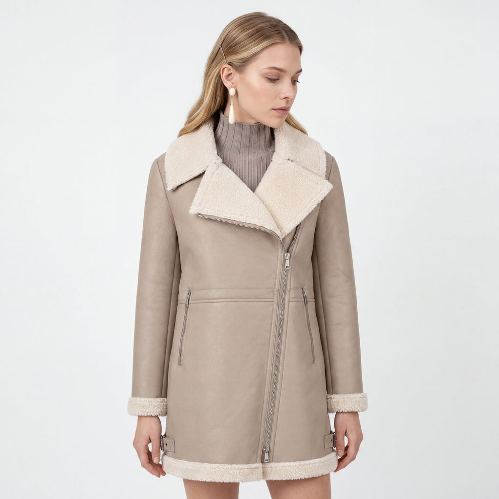 Elle Keira Longline Faux-Shearling Biker Coat Beige RRP £319
