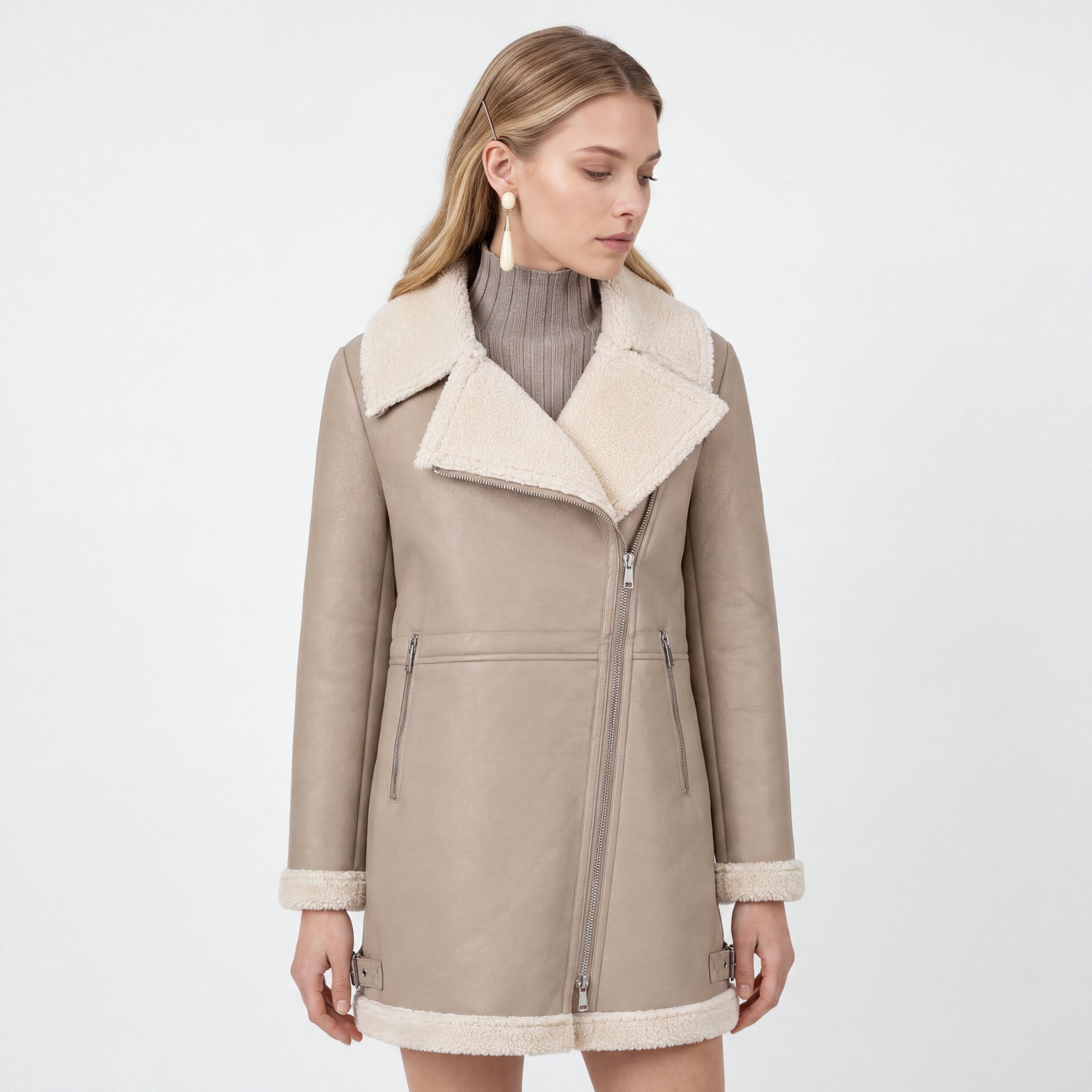 Elle Keira Longline Faux-Shearling Biker Coat Beige RRP £319