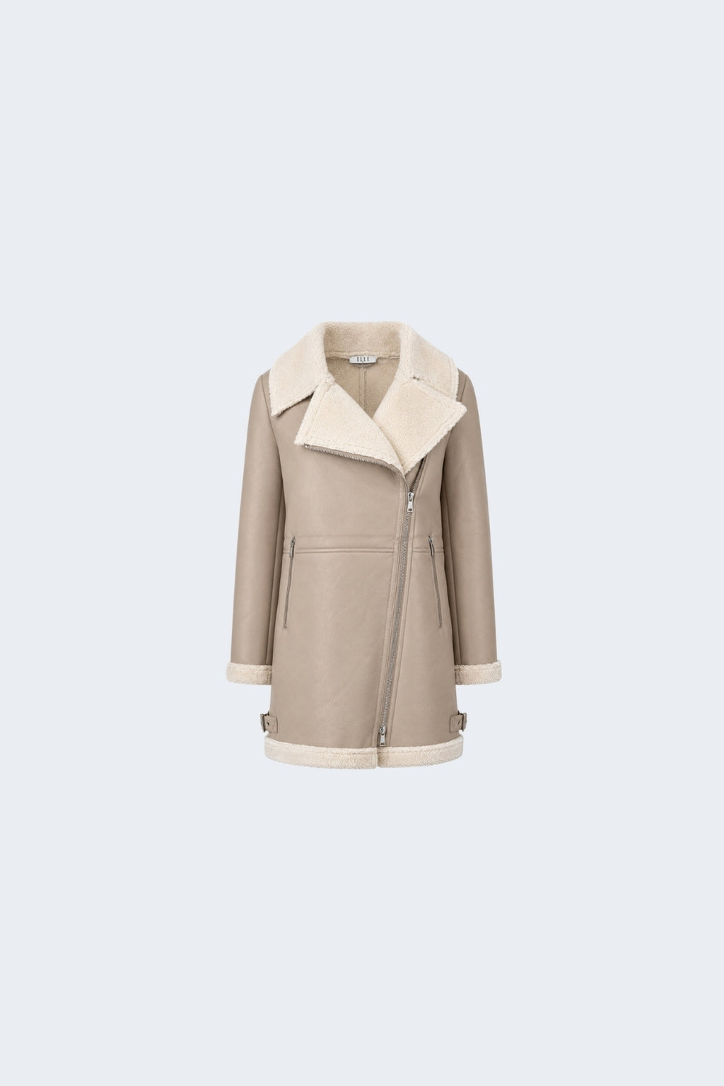 Elle Keira Longline Faux-Shearling Biker Coat Beige RRP £319