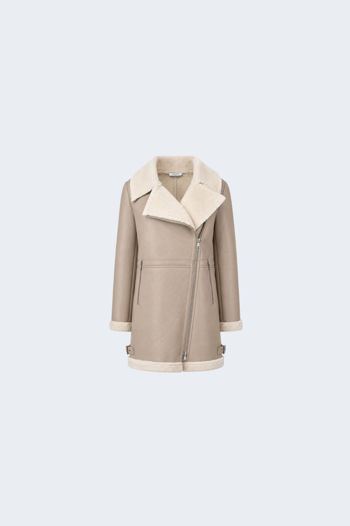 Elle Keira Longline Faux-Shearling Biker Coat Beige RRP £319