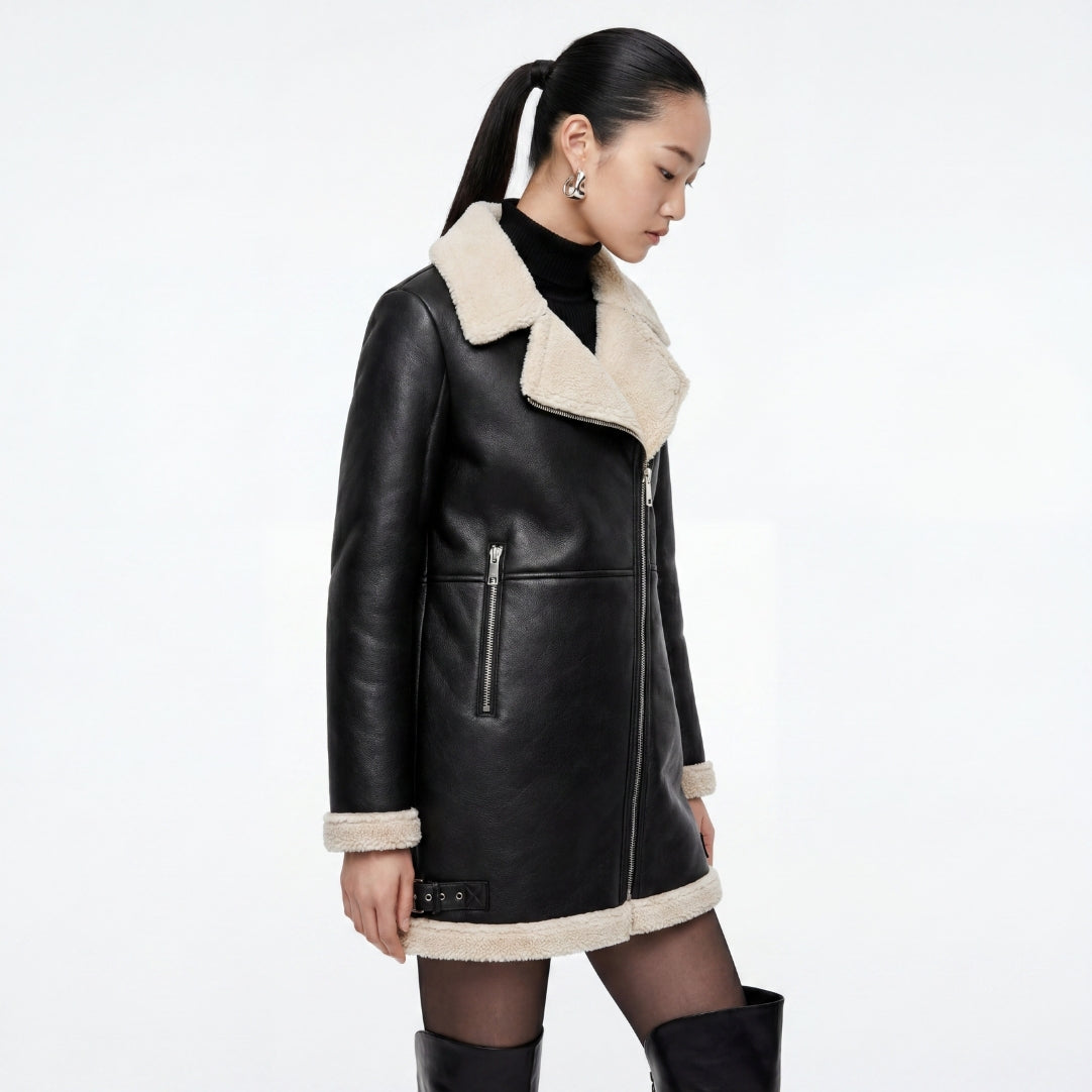 Elle Keira Longline Faux-Shearling Biker Coat Black RRP £319