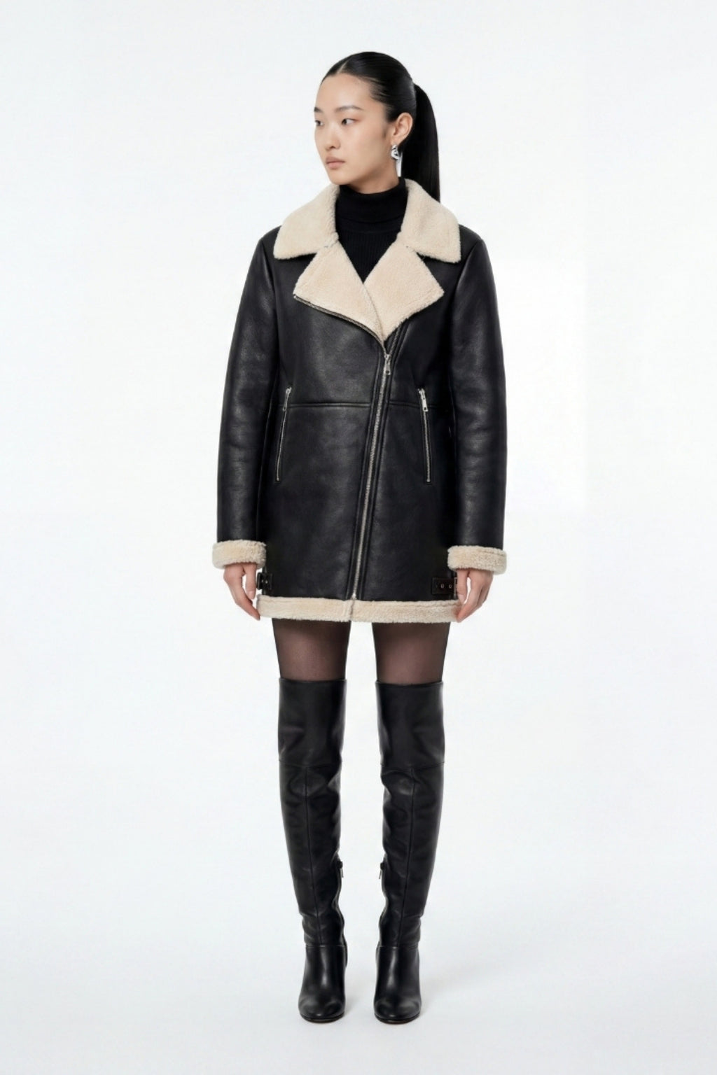 Elle Keira Longline Faux-Shearling Biker Coat Black RRP £319