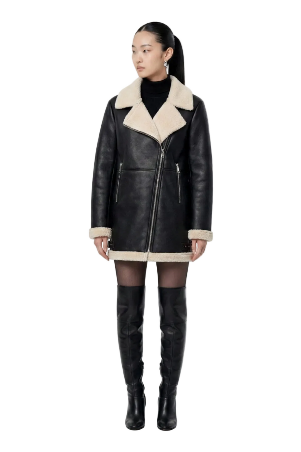 Elle Keira Longline Faux-Shearling Biker Coat Black RRP £319
