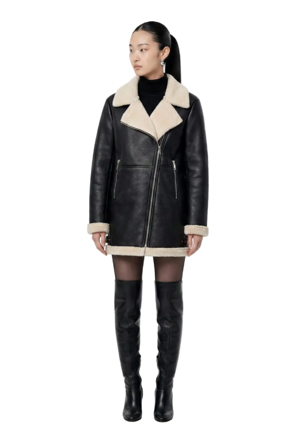 Elle Keira Longline Faux-Shearling Biker Coat Black RRP £319
