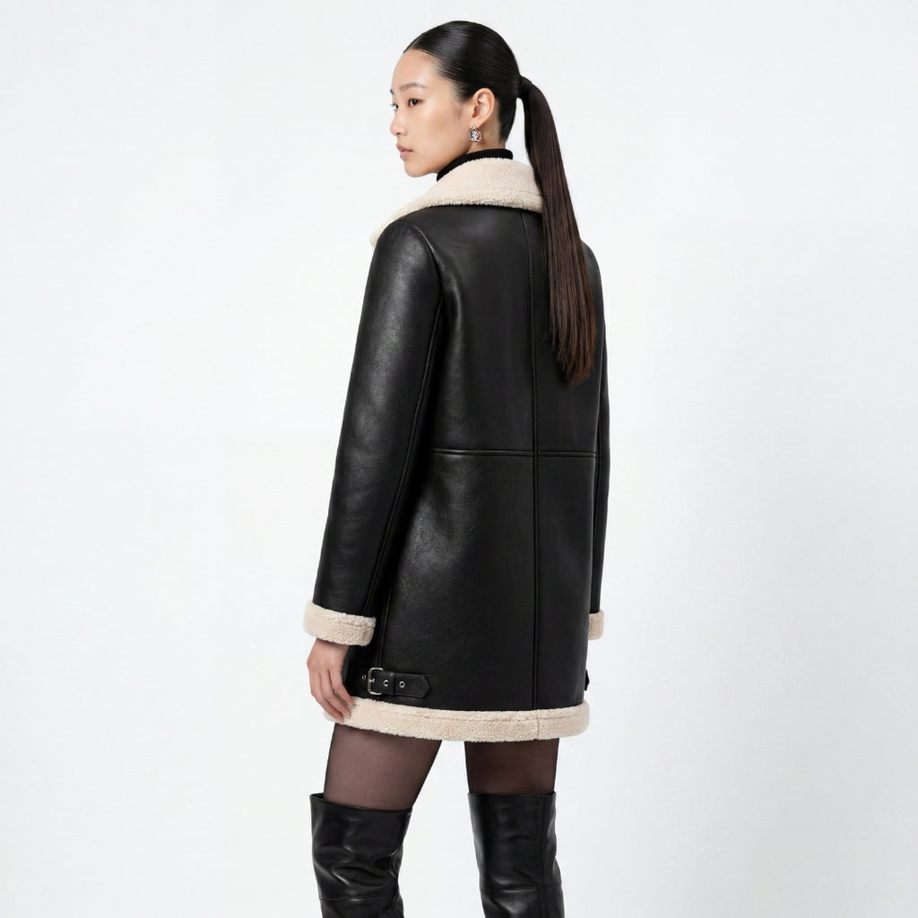 Elle Keira Longline Faux-Shearling Biker Coat Black RRP £319