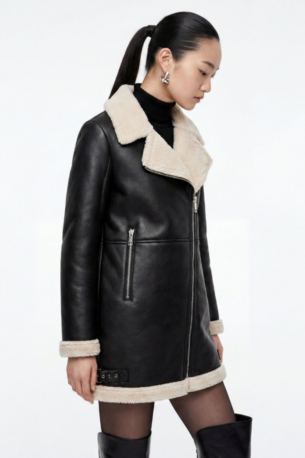 Elle Keira Longline Faux-Shearling Biker Coat Black RRP £319
