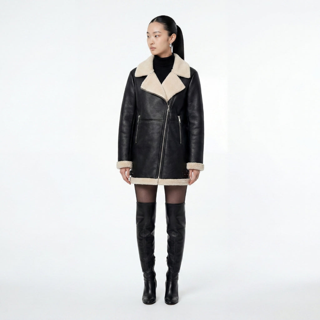 Elle Keira Longline Faux-Shearling Biker Coat Black RRP £319