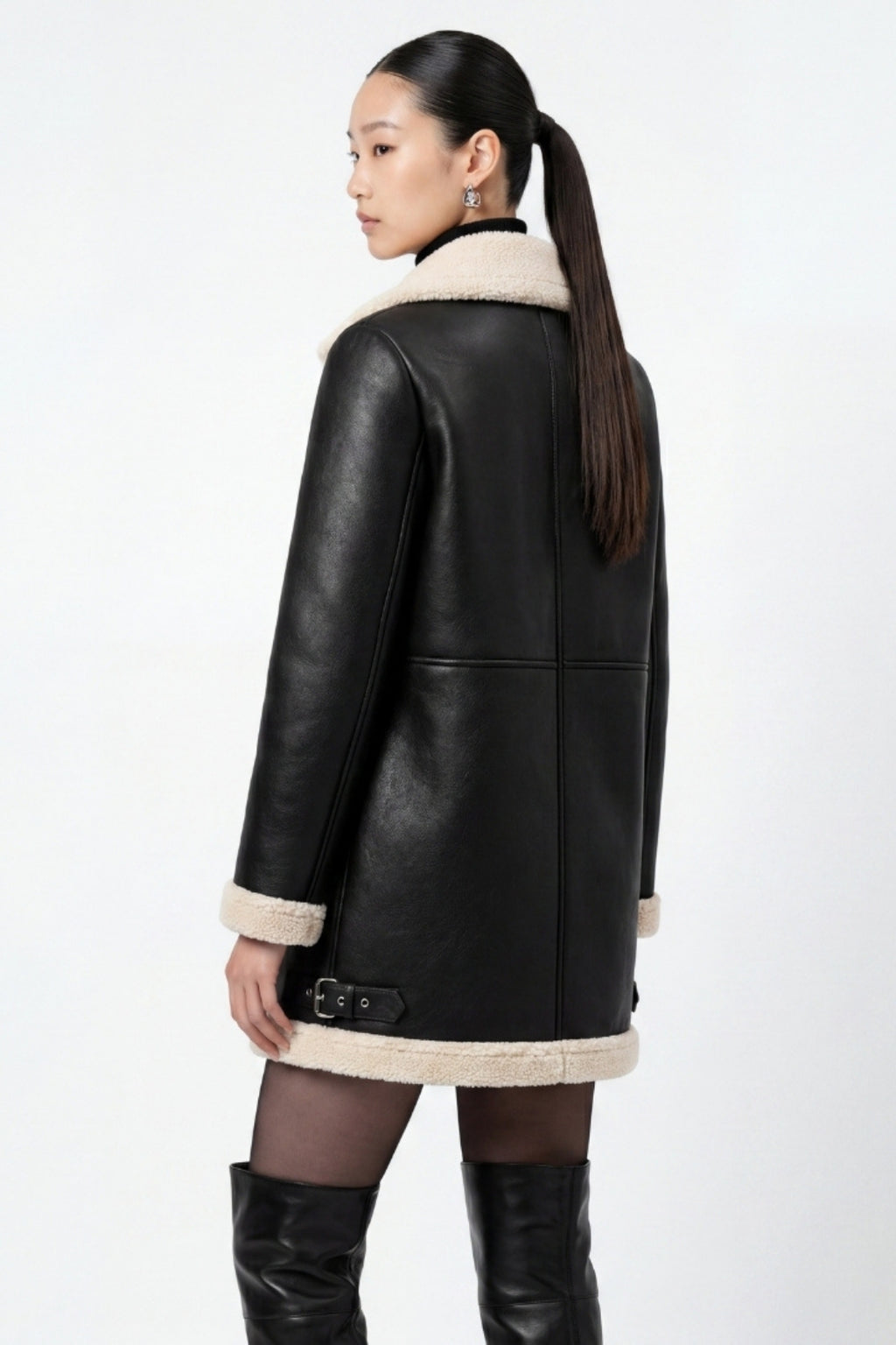 Elle Keira Longline Faux-Shearling Biker Coat Black RRP £319
