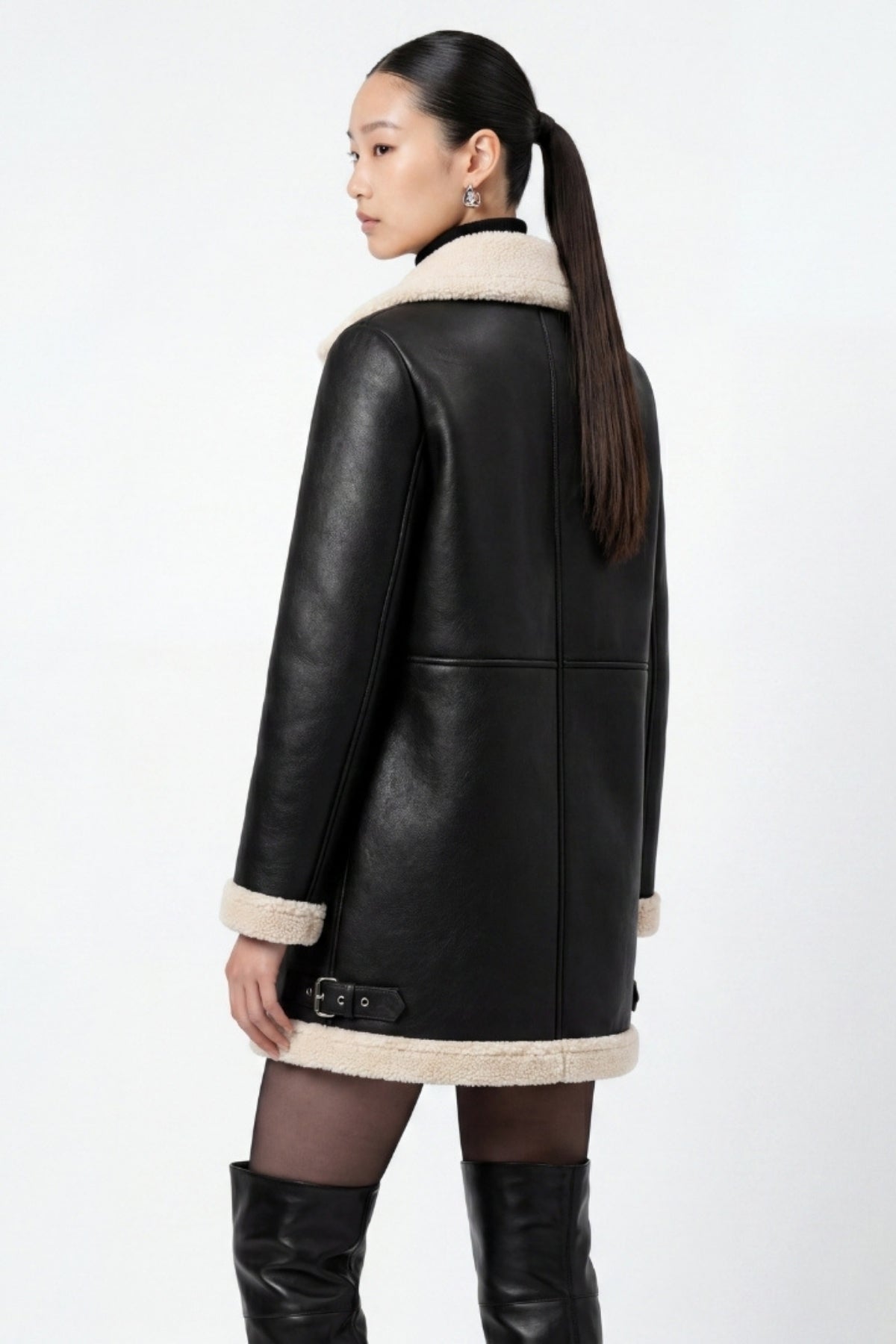 Elle Keira Longline Faux-Shearling Biker Coat Black RRP £319