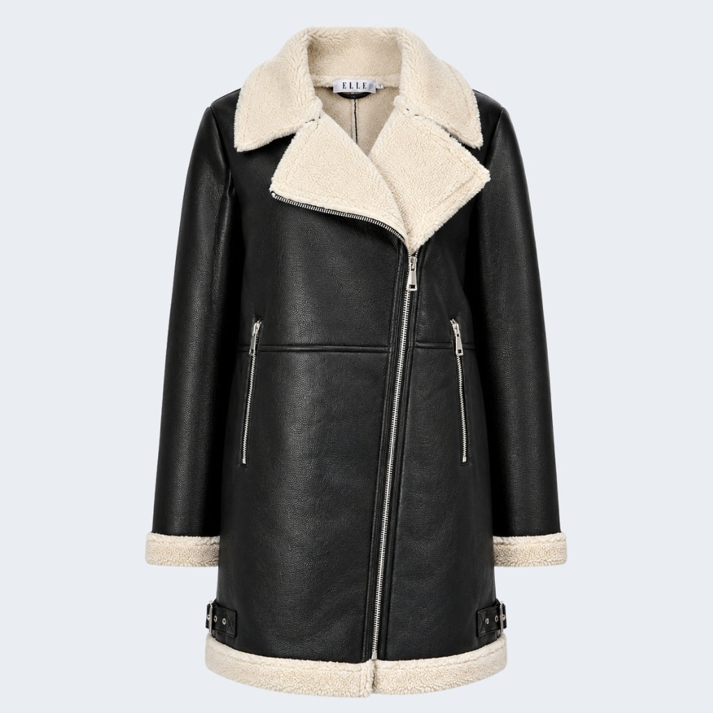 Elle Keira Longline Faux-Shearling Biker Coat Black RRP £319