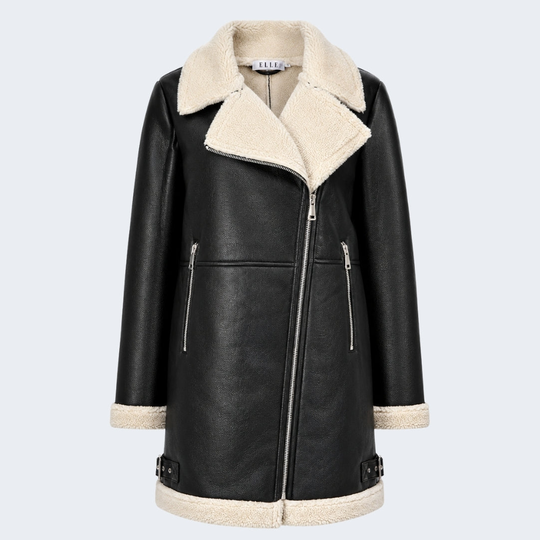 Elle Keira Longline Faux-Shearling Biker Coat Black RRP £319