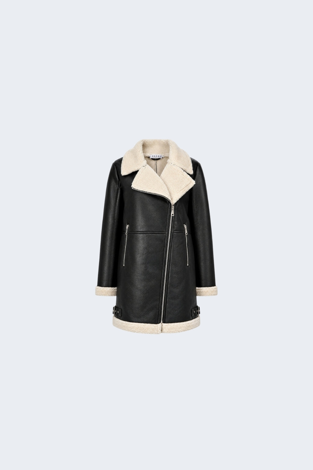 Elle Keira Longline Faux-Shearling Biker Coat Black RRP £319